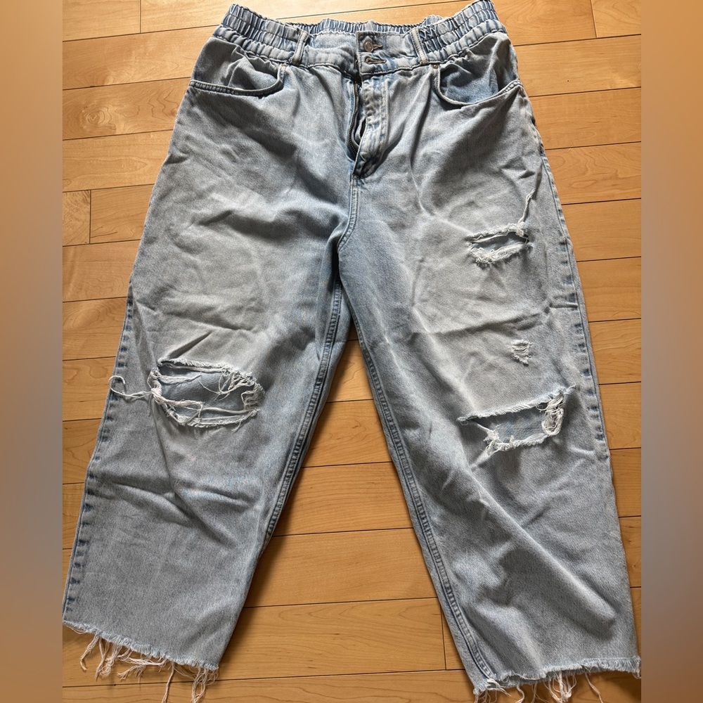 All Saints Light Blue wide leg cropped ripped jeans, size 12